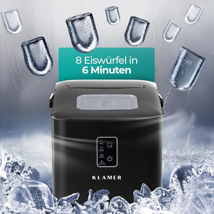 Машина для приготування льоду KLAMER - компактна модель (1L), чорна. Швидкість: 8 кубиків за 8 хвилин, 11 кг на день. 2 розміри кубиків, з лопаткою та ручкою.