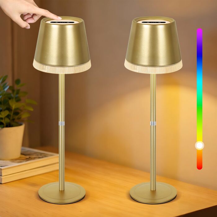 Настільна LED лампа бездротова OUTON з RGB підсвіткою (2 шт), акумуляторна, сенсорне управління, димування, IP54, чорна/золота