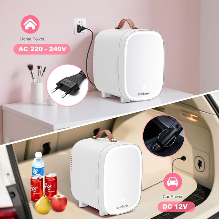 Mini-холодильник Enventor на 6 банок: косметичний холодильник з регульованим LED-дзеркалом, AC+12V DC, охолоджувач та нагрівач для спальні, дому, авто/догляду за шкірою та харчовими продуктами (білий, 4L)