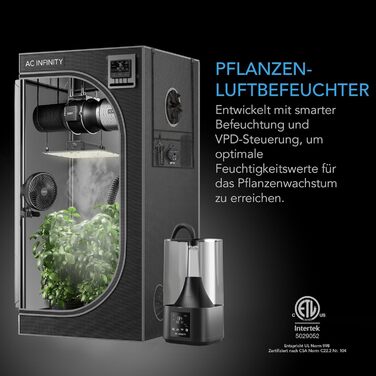 AC Infinity CLOUDFORGE T3 – Увлажнитель воздуха для растений 4.5 л с контролем VPD, 10-ступенчатый распылитель, удлиняемый шланг, защита от протечек, для гроубоксов