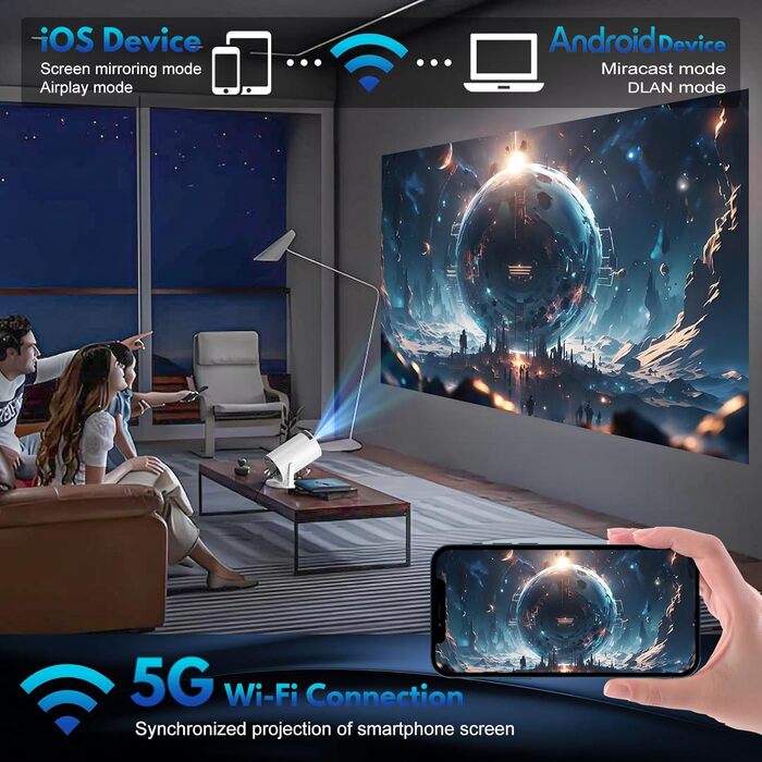 Портативний проєктор Mini Beamer 1080p з Wi-Fi та Bluetooth, сумісний з HDMI, смартфоном, USB, TV-Stick, для домашнього кінотеатру, чорний (Weiß)