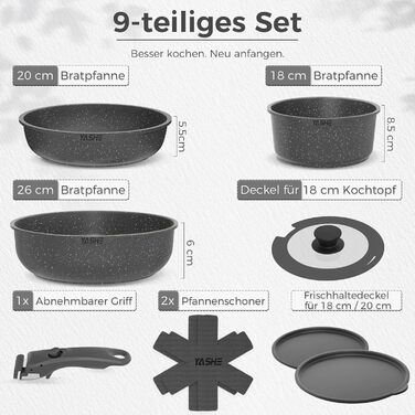 Набір каструль та сковорідок YASHE 9 шт. з антипригарним покриттям, білий (сірий), для всіх плит, знімний ручка, сумісний з духовкою, компактний, складений