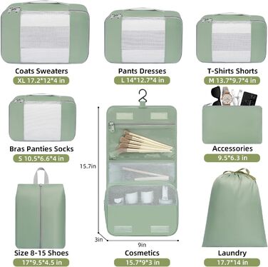 Набір органайзерів для подорожей BAGAIL (8 шт.) різних розмірів – Matcha Green