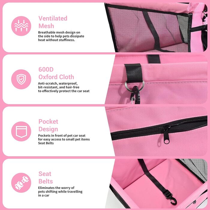 Автокрісло для собак: стабільне, дихаюче, з тканини Оксфорд, для маленьких та середніх собак, рожеве