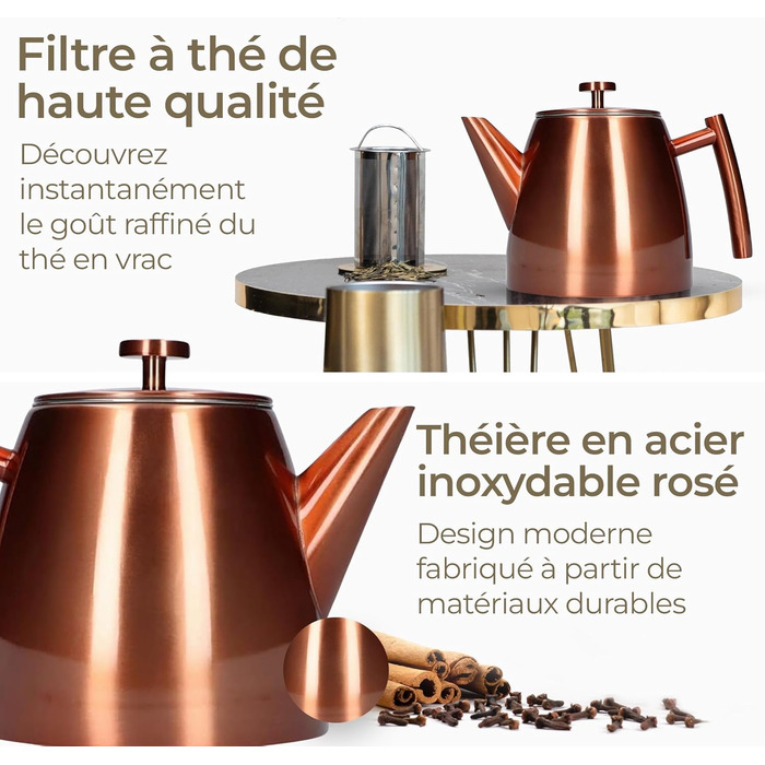 Teapot | Rose Stainless Steel 1L | Teapot with Infuser | Stainless Steel Teapot | Stovetop for Teapot | Teapot with Stovetop | Tea Maker | Double-walled