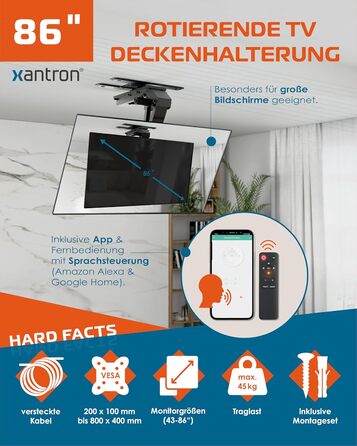 Xantron DEHA-600E Electric Tilt, Swivel & Fold-Down TV Ceiling Mount - 32-75 Inch - Voice Control Remote Included