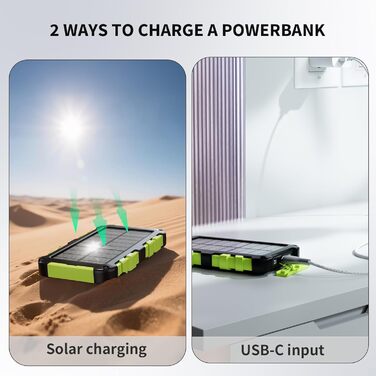 Powerbank сонячний TOENNESEN 26800mAh PD 15W: вологостійкий акумулятор з LED-ліхтариком та 3 виходами USB-C для смартфонів, планшетів, кемпінгу та подорожей (Чорний)