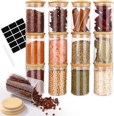 Набір скляних банок для спецій Cinnani 12 шт. з дерев'яними кришками (300 мл)