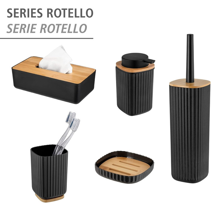 Дозатор для мила WENKO Rotello, 250 мл, з бамбуковими деталями, для мила та засобів для миття посуду, чорний/натуральний
