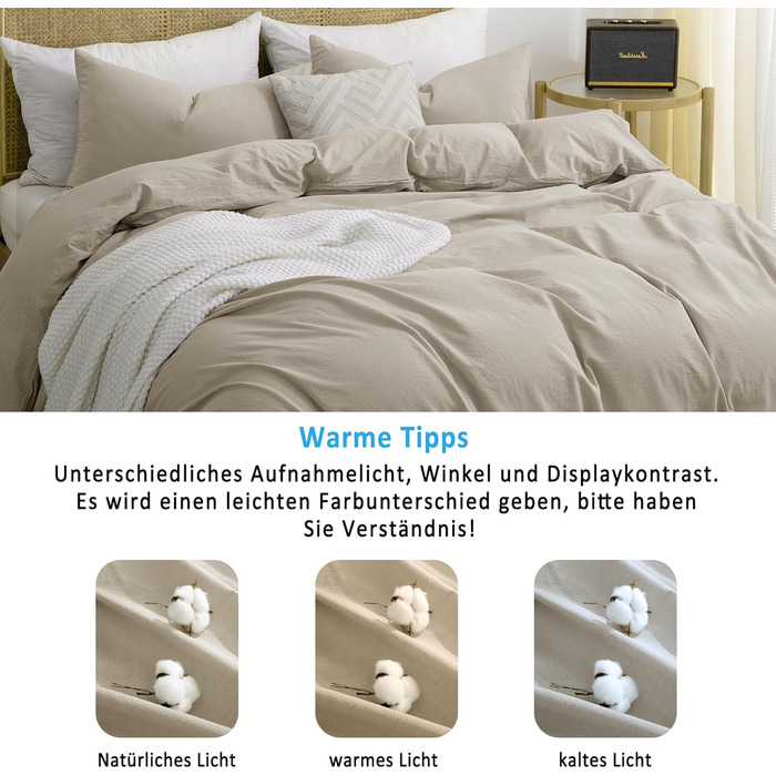 Комплект постільної білизни ATsense 135x200 см, 4 предмети, бавовна, бежевий, дихаючий, сертифікат Öko-Tex, лляна фактура, 2 підковдри та 2 наволочки 80x80 см