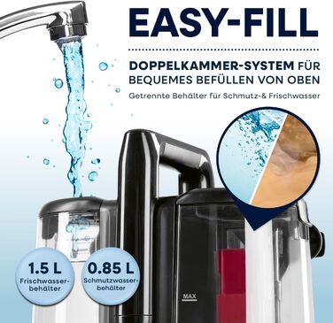 CLEANmaxx Професійний пароочисник для меблів та килимів Pro Steam | 3-в-1: для меблів, точкове чищення, прання | Ефективний видалення плям гарячою водою та парою для килимів, авто, диванів (Чорний з шампунем, Pro 400W)