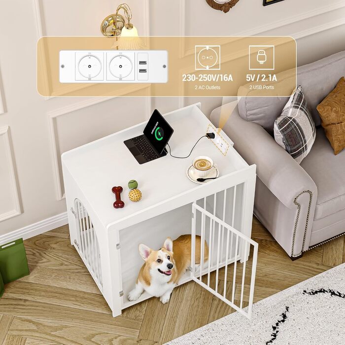 Сучасна собача будка Hzuaneri з USB та розеткою, 90x63x79 см, біла