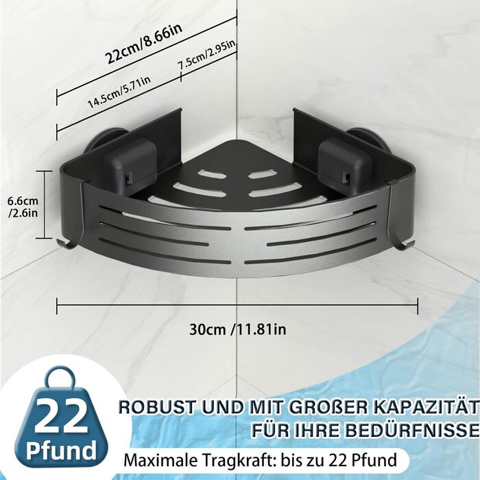 Двомісне куткове поличок для душу без свердління з присосками, водонепроникний органайзер для ванної кімнати, з тримачем для рушників, для шампуню та гелю для душу, чорний матовий (1 шт. сірий кутовий поличок для душу)