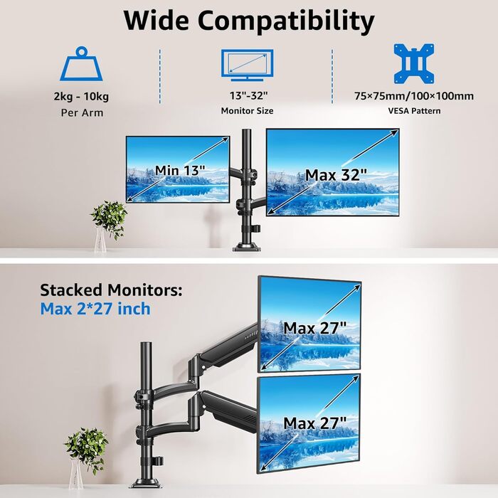 Кріплення для монітора MOUNTUP - 2 монітори, 13-32 дюйми, регульоване, VESA 75/100mm, 2-10 кг, EU6016B