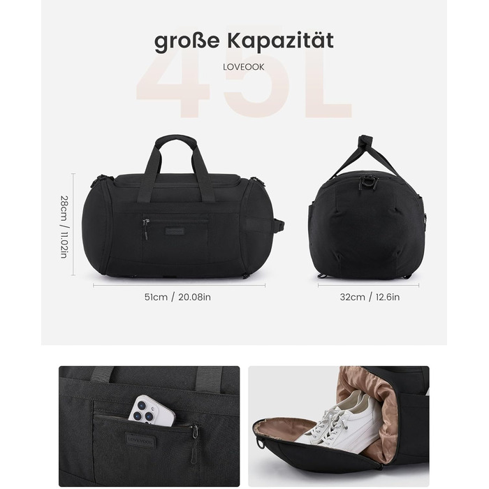 Спортивна сумка LOVEVOOK: велика, водонепроникна, з відділенням для взуття, 45L, 51x28x32 см