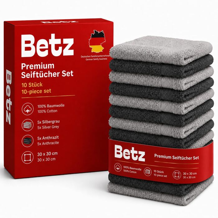 Набір мийних серветок Betz Premium зі 100% бавовни, 10 кольорів (антрацит та сріблясто-сірий), 30x30 см, 10 шт.