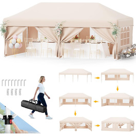 Devoko Gazebo, 2x2 Gazebo Waterproof, Stable, Winter-Proof, 3-Height Adjustable, Folding Gazebo UV Protection 50+, Folding Tent, Folding Canopy, Gazebo with Carry Bag, For Garden Outdoor Camping, (3*6m 6 Side Walls, Beige)