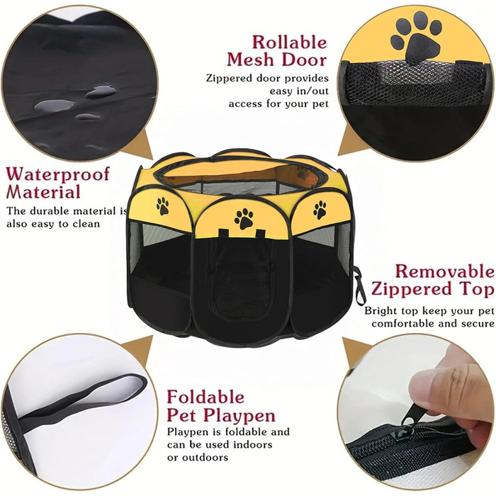 Клітка-вигул для цуценят та котів, клітка-вигул для собак, клітка для тварин (жовто-чорний, 6, 114x114x58 см)