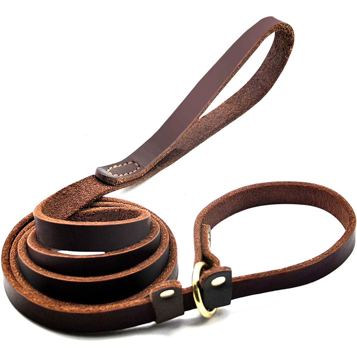 Wellbro Dog Leash made of genuine leather, soft, adjustable pet retriever leash with slider, durable, 1.8 m long x 1.8 cm wide, Brown
