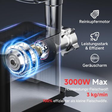 М'ясорубка електрична AAOBOSI 3000W з LED-дисплеєм, 3 швидкості, анти-затор, контейнер для зберігання, для ковбас та кібе, срібляста