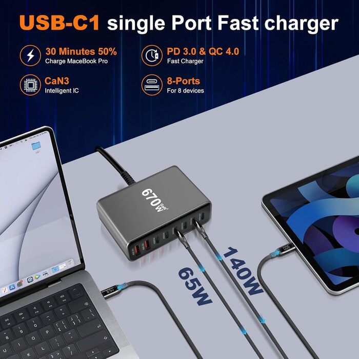 Зарядний пристрій USB-C 435W, 6 портів: для MacBook Pro/Air, iPad Pro/Air, Samsung та інших - Чорний