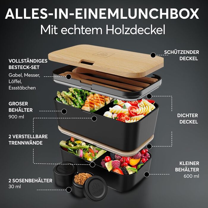 Ланчбокс Umami Lunchbox для дорослих, вкладна, 1500 мл, з 4 столовими приборами та відділеннями. Ідеально для обіду в офісі, пікніка або в дорогу. Чорний онікс.