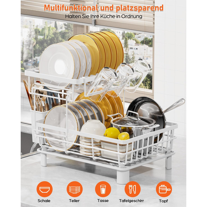LIONONLY Dish Drying Rack, Small 2-Tier Dish Rack with Drip Tray, Stainless Steel Dish Drying Rack with Utensil Holder, Drink Holder and Swivel Spout, Dish Drying Stand Kitchen