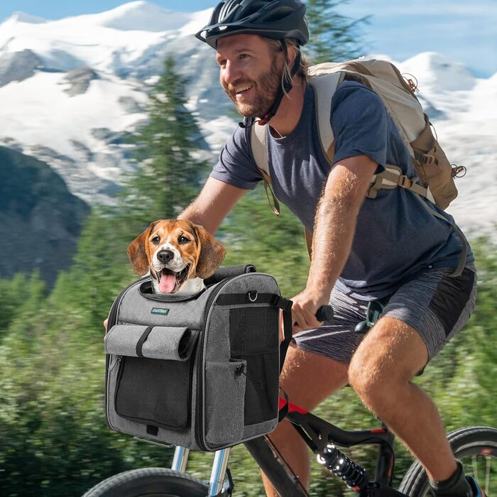 Корзина для собак на велосипед, до 10 кг, складана, дихаюча, 4-в-1 (рюкзак, сумка на плече, автокрісло), міцна L-подібна кріплення Φ55mm, зручна подушка, світловідбиваючі смуги