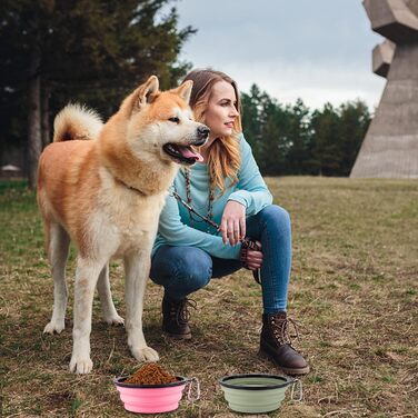 Складані годівниці для собак SLSON (2 шт.) з кришкою та карабінами. Зручні для прогулянок, подорожей та щоденного використання (L, блакитний, рожевий)