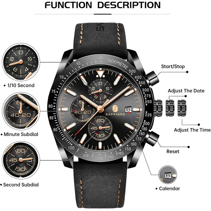 Годинник чоловічий BENYAR Chronograph з кварцовим механізмом, аналоговий, з шкіряним ремінцем. Стильний дизайн для бізнесу, спорту та повсякденного носіння. Водостійкість 30M. Елегантний подарунок для чоловіків (Чорний ремінець/Чорне корпус/Чорне цифербла