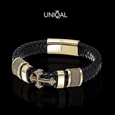 Браслет UNIQAL 'GLORY' з шкіри та хрестом, золотий, з магнітною застібкою, 19 см | Подарункова коробка