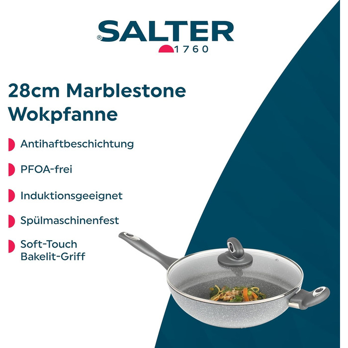 Сковорода-гриль Salter BW02773G 28 см, мармурове антипригарне покриття, без PFOA, для індукції та духовки, алюміній, сірий, можна мити в посудомийці (вок)