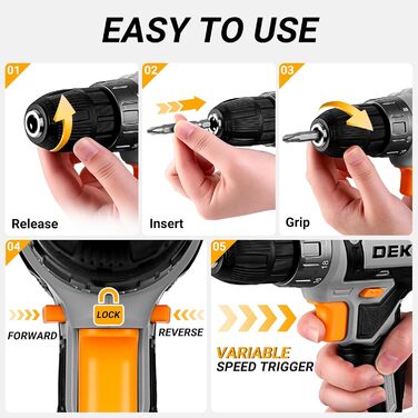 Акумуляторний шуруповерт DEKOPRO 20V 40 Nm: комплект з 2 акумуляторами, LED, 18+1 момент, для дому та DIY, сірий