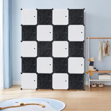 NAIZY Wardrobe Black DIY Plastic Shelf System Clothes Closet Storage Shelf Plug-in Shelf System with Door Plastic Cabinet (16 Cubes, with 2 Clothes Rods) (20 Cubes, with 2 Clothes Rods)