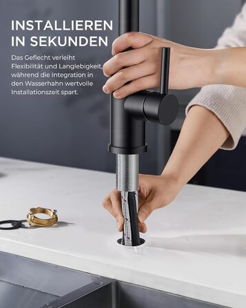 Змішувач для кухні FORIOUS висувний з душем, кухонний змішувач, L-подібний, 2 режими розпилення, поворотний 360°, матовий чорний