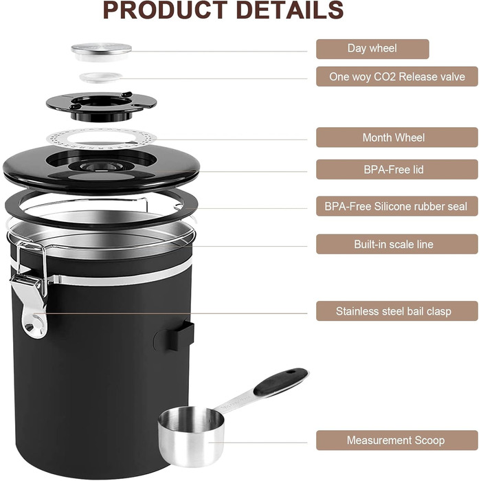 Герметичний контейнер для кави з нержавіючої сталі, 2,8 л, з CO2-вентилем та індикатором дати - для кавових зерен, кави, чаю, горіхів, какао, з мірною ложкою