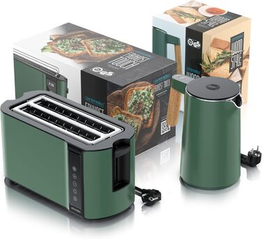 Набір кухонних приладів Arendo: чайник з регулюванням температури та тостер на 4 шматочки з LED-дисплеєм – зелений (Set 1)