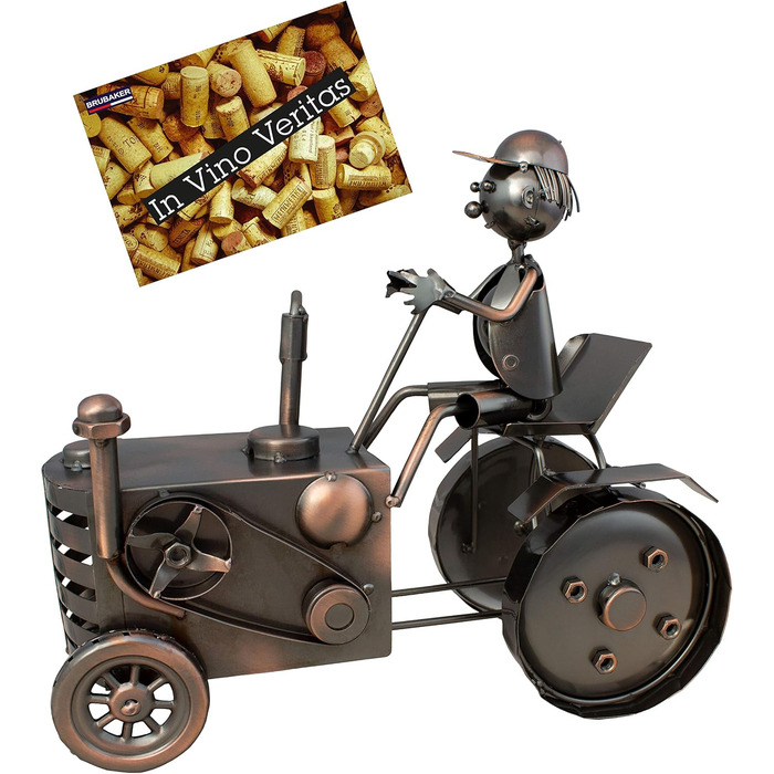 BRUBAKER Tractor Wine Bottle Holder with Tractor Driver - Decorative Object, Metal Bottle Stand with Greeting Card for Wine Gifts