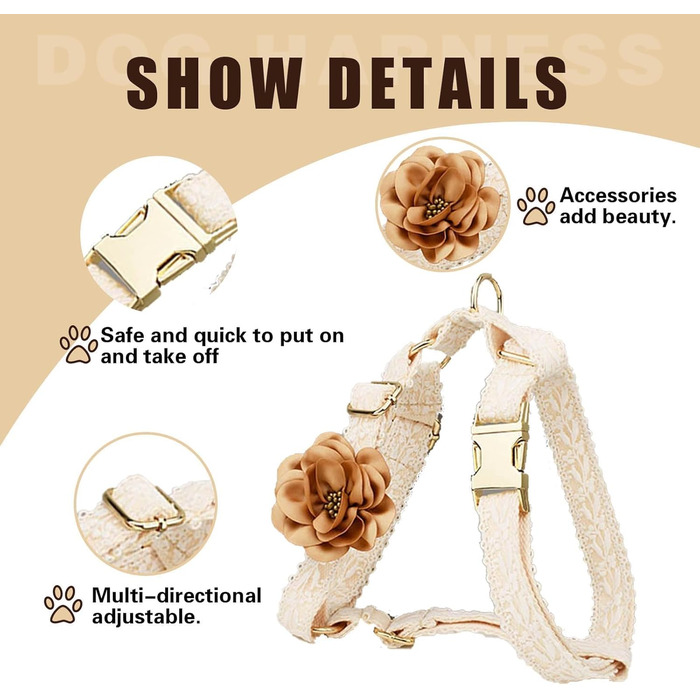 Набір для прогулянок з собакою: шлейка та поводок, розмір S, білий, бежевий. Регульована шлейка без тяги з бантиком та ручкою для зручності. Ідеально для дівчаток.