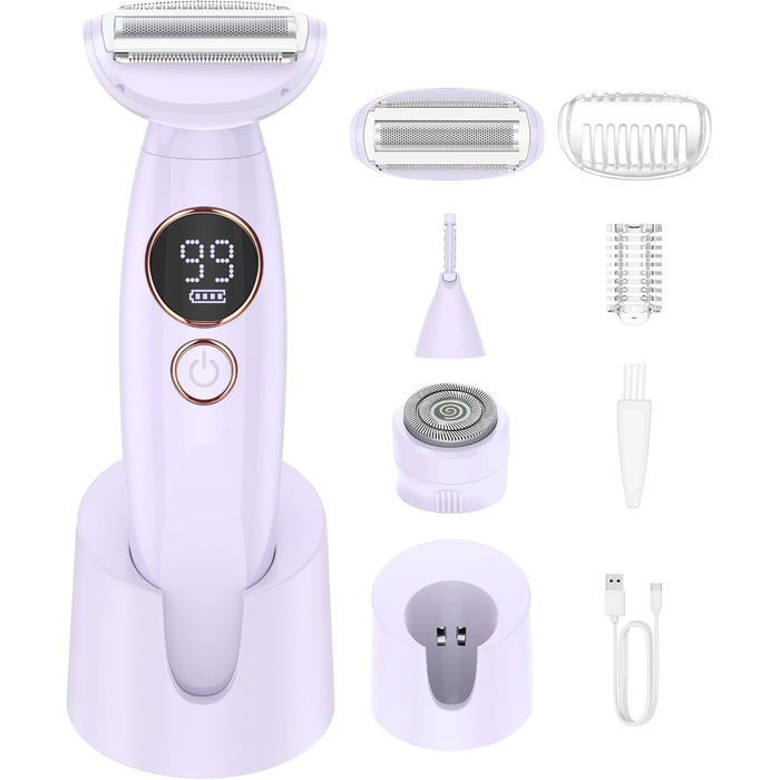 Електричний жіночий тример 3-в-1 для тіла, обличчя, Bikinizone, ніг, USB-зарядка, водонепроникний IPX7, білий (фіолетовий)