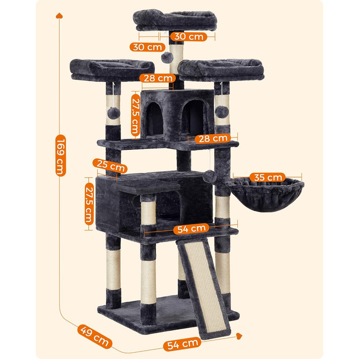 Драбина-кіготь для котів Feandrea, XXL, 169 см, сірий (PCT019W01, 54x49x169 см)