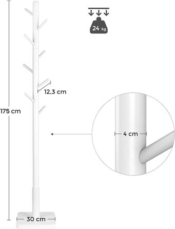 VASAGLE Coat Rack, Clothes Rack Solid Wood, Tree Shape Jacket Stand, 8 Hooks for Jackets, Hats, for Entryway, Hooks and Hold Bar Made of Rubber Wood, Cloud White RCR010W02
