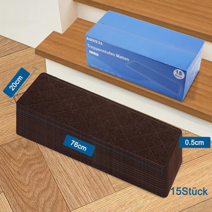 Килимок на сходи, антиковзаючий, 20x76 см (15 шт.), килим-прогун для сходів, багаторазовий клей для всіх чистих, гладких сходів, захисна килимова стрічка для дітей, (Коричневий)