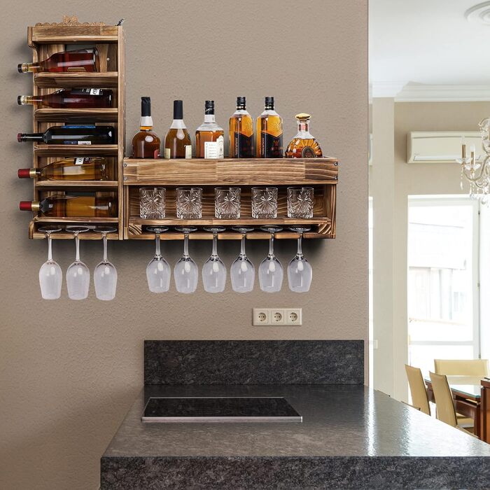 Стійка для вина Yorbay з підігрітим деревом, настінна з тримачем для корку, для келихів для вина та віскі, утримувач для пляшок, домашній бар, вінтаж, подарунок (без LED)