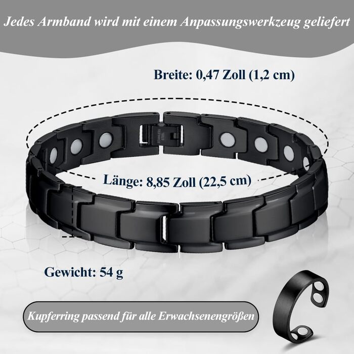 Браслет магнітний чоловічий Vicmag з титанової сталі, подвійний ряд магнітів, регулюється, з подарунковою коробкою (однорядний, чорний)