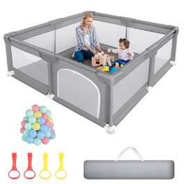 Дитячий манеж Sour Lemon 130x130 см, з захистом від ударів, сітчастими стінками, 50 кульками та 4 кільцями, сірий