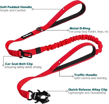 Тактична повідок для собак PetBonus Heavy Duty, 1,5м, еластична, з двома м'якими ручками, страхувальний ремінь для авто, навчальна повідок No Pull для великих та середніх собак (Армійний зелений, Червоний)