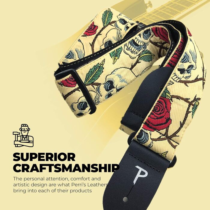 Гітарний ремінь Perri's Leathers Rose - Нейлон, жаккард, рожевий та черепи - для акустичної/басової/електрогітари - виготовлено в Канаді