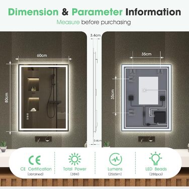 Дзеркало для ванної кімнати зі світлодіодною підсвіткою S'bagno Bluetooth 80x60 см, з підігрівом, регулюванням яскравості, пам'яттю, HD-скло, IP44, горизонтальне/вертикальне встановлення