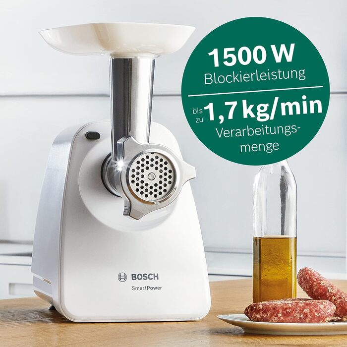 М'ясорубка Bosch SmartPower MFW2500W електрична, біла - компактна, потужна 1500 Вт, 1 диск 3.8 мм